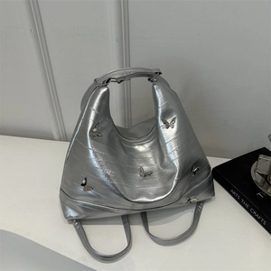 Large Capacity PU Leather Shoulder Bag Metallic Butterfly Decor Fashion Y2K Hobo Tote Handbag Daily Purse For Women