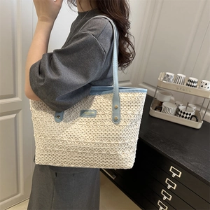 Large woven straw tote bag in cream and light blue with PU leather handles for women
