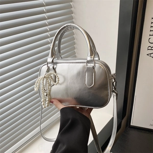 Women Bowling Bag Glossy PU Leather Shoulder Crossbody Handbag With Artificial Pearl Bow Charm Elegant Retro Style