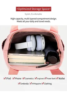 Top view of pink nylon tote showing spacious interior with iPad and accessories