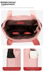 Pink nylon tote interior view showing multi-pocket compartments and side water bottle pockets