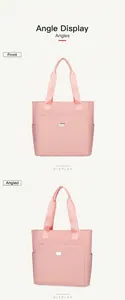 Detailed views of the pink nylon tote bag showing front zipper pocket and side pockets