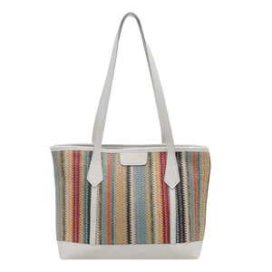 Grand sac fourre-tout tissé à rayures colorées avec lanières en cuir blanc pour la plage