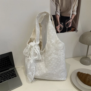 Women Elegant Lace Embroidery Tote Bag Large Capacity Canvas Shoulder Bag Floral Embroidered Handbag With Bow Ribbon Decoration