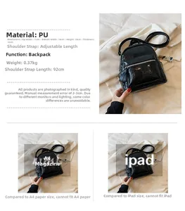 Detail showing dimensions of compact black PU backpack with adjustable straps and sizing data