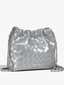 Women Woven PU Leather Crossbody Bag Fashion Chain Shoulder Bucket Bag With Silver Ball Drawstring Closure Niche Simple