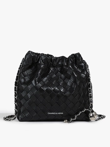 Black woven leather bucket bag with silver chain strap and metal ball decoration