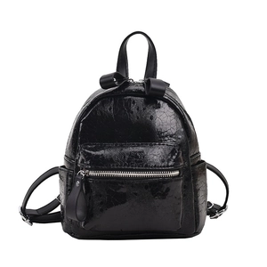 Mini black PU leather backpack with glossy cracked texture and silver metal zippers