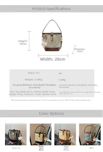 Detailed dimension chart for the PU bucket bag showing size, weight, and color options