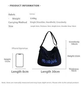 Size chart for canvas shoulder bag with weight and dimensions compared to a smartphone