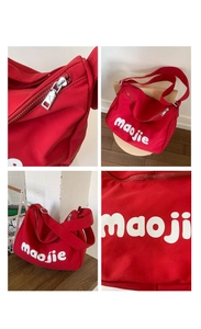 Detail views of large red canvas shoulder bag showing zipper, strap, and bold logo print