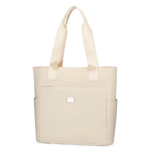 Minimalist beige nylon tote bag with front zipper pocket and large capacity for commuting