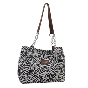 Zebra print canvas tote bag for women with leather handles and silver chain details