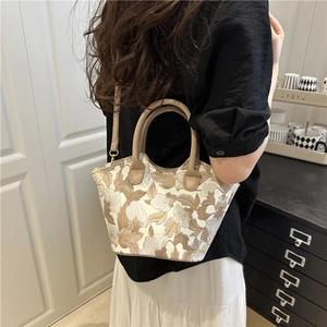 Beige floral embroidered handbag with leather handles and detachable strap for women