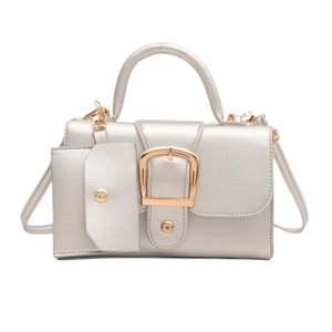 Chic silver textured square handbag with gold buckle, matching mini pouch and strap