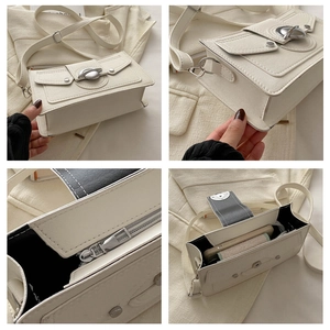 Detailed views of white PU leather crossbody bag with star-shaped silver hardware buckle