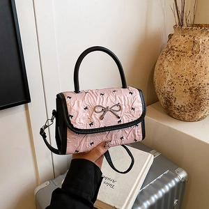 Pink Mini Crossbody Bag For Women Ruffled PU Leather Sweet Bowknot Heart Print Handheld Shoulder Bag Versatile Square Bag