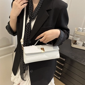 White woven faux leather rectangular baguette bag with gold buckle for women
