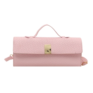 Pink faux leather baguette bag with woven texture, top handle and gold metal clasp