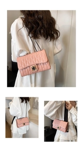 Detail of pink chain bag showing rectangular quilted pattern and petal-shaped metal lock