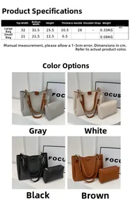 Detailed size chart for large and small PU leather tote bags with multi-color options