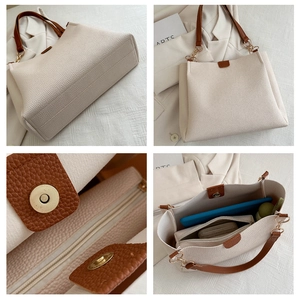 Detailed views of beige tote bag with litchi texture, golden hardware and inner storage