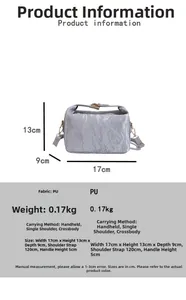 Size chart showing soft PU leather handbag dimensions with detailed weight and strap info