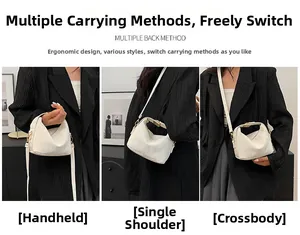 Cream soft PU leather bag shown in handheld, shoulder, and crossbody styles