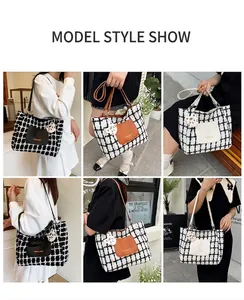 Tweed plaid tote bag shown in street and cafe lifestyle scenes with cute cat pendant