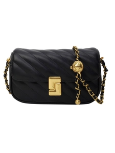 Quilted black leather crossbody bag with golden chain and adjustable metal ball
