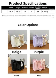 Detailed dimensions and four color variants of the large PU tote bag with silk scarf charm