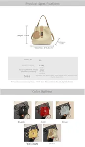 Tableau détaillé montrant les dimensions du sac seau et les accessoires de chien