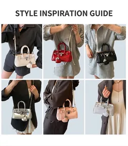 Detail view of mini top-handle bags in six colors with pearl chain and heart charm