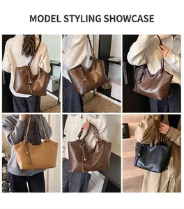 Detailed views of high-capacity tote bags in dark brown, khaki, and black leather styles