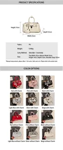 Detailed chart showing handbag dimensions, PU material specs, and six color options with charms