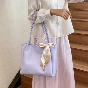 Large lavender houndstooth tote bag with woven straps and decorative silk scarf for women