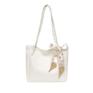 Large white tote bag with embossed houndstooth texture and stylish floral silk scarf