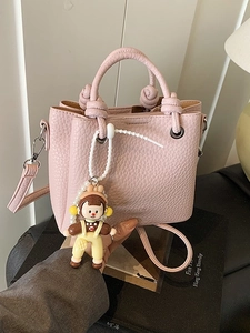 Women Korean Style Litchi Pattern PU Leather Bucket Crossbody Bag Knot Handle Fashion Handbag With Cartoon Doll Pendant