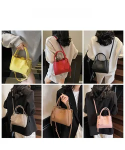 On-body look of the minimalist crossbody bucket bag in six different vibrant colors