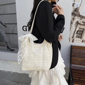 Off-white lace tote bag with large bow, casual summer beach shoulder bag for women