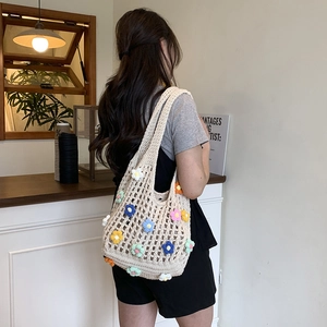 Floral crochet tote bag for women with colorful knit flowers for summer beach trips