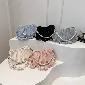 Elegant cloud-shaped pleated handbags with pearl chains in various summer colors
