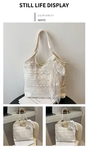 Detailed macro view of white lace tote bag featuring elegant bow and floral embroidery