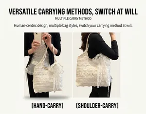 Close-up of white lace tote bag featuring 3D crochet patterns and side ribbon details