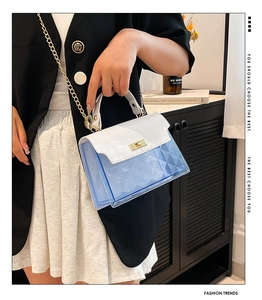 Detail of white crocodile texture flap and blue translucent PVC body on cross-body bag