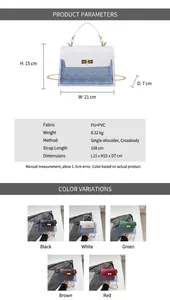 Detailed view of crocodile pattern flap handbag with dimensions and PVC texture details