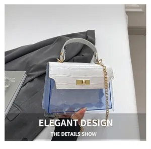 Close-up of white crocodile pattern leather handle and golden lock on a chic handbag