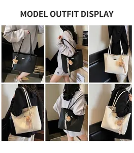 Collage of model wearing a large woven faux leather tote bag with cute bear charm