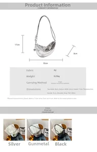 Size chart showing large capacity PU leather dumpling shoulder bag dimensions and colors