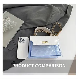 Top view of blue transparent Kelly bag with white crocodile pattern flap and gold chain